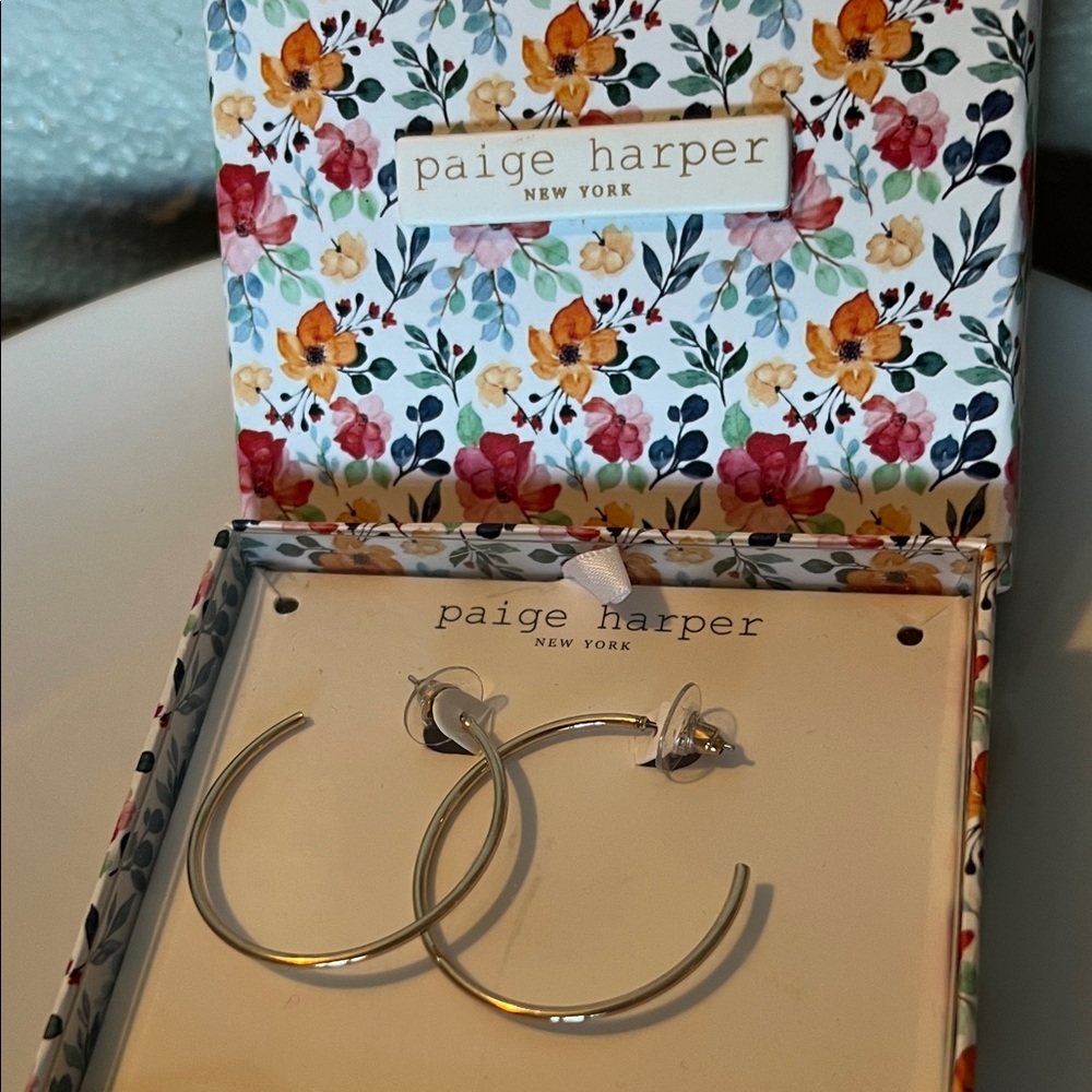 Paige Harper Gold large Hoop Earrings in gift box